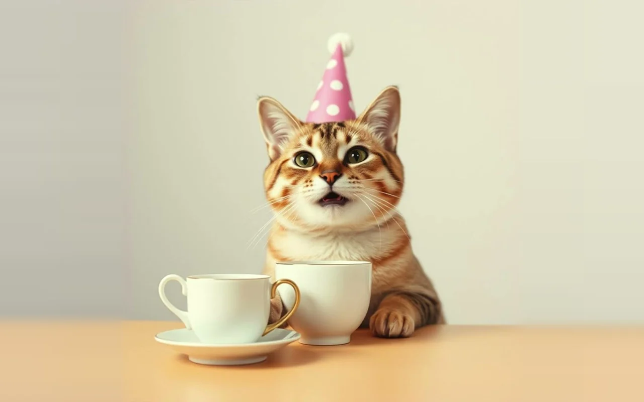 Well, That’s Just Great — a cat in a party hat at a table set for tea