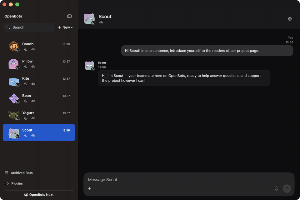OpenBots — Scout’s thread in a fresh workspace, with the teammate family in the sidebar