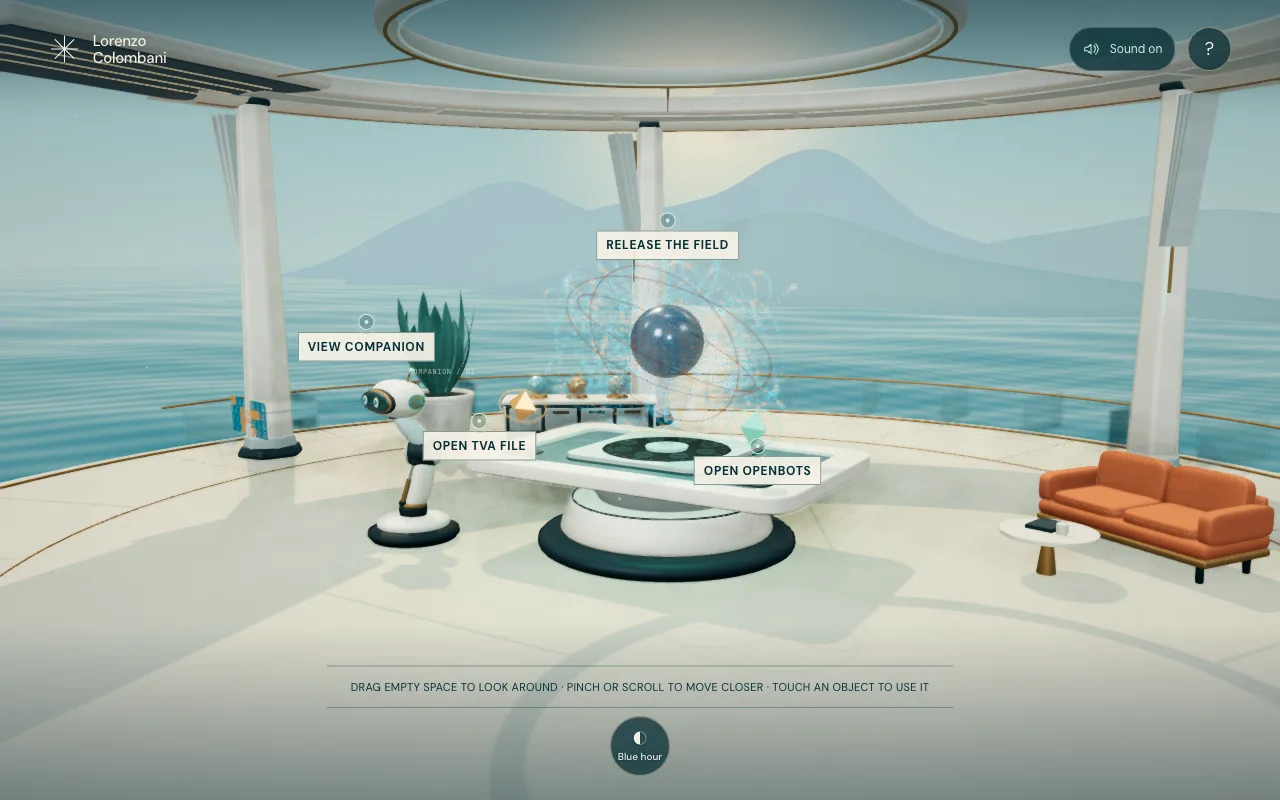 Inside the Workshop: labels for the companion droid, TVA Case File, OpenBots and the field, floating beside their objects
