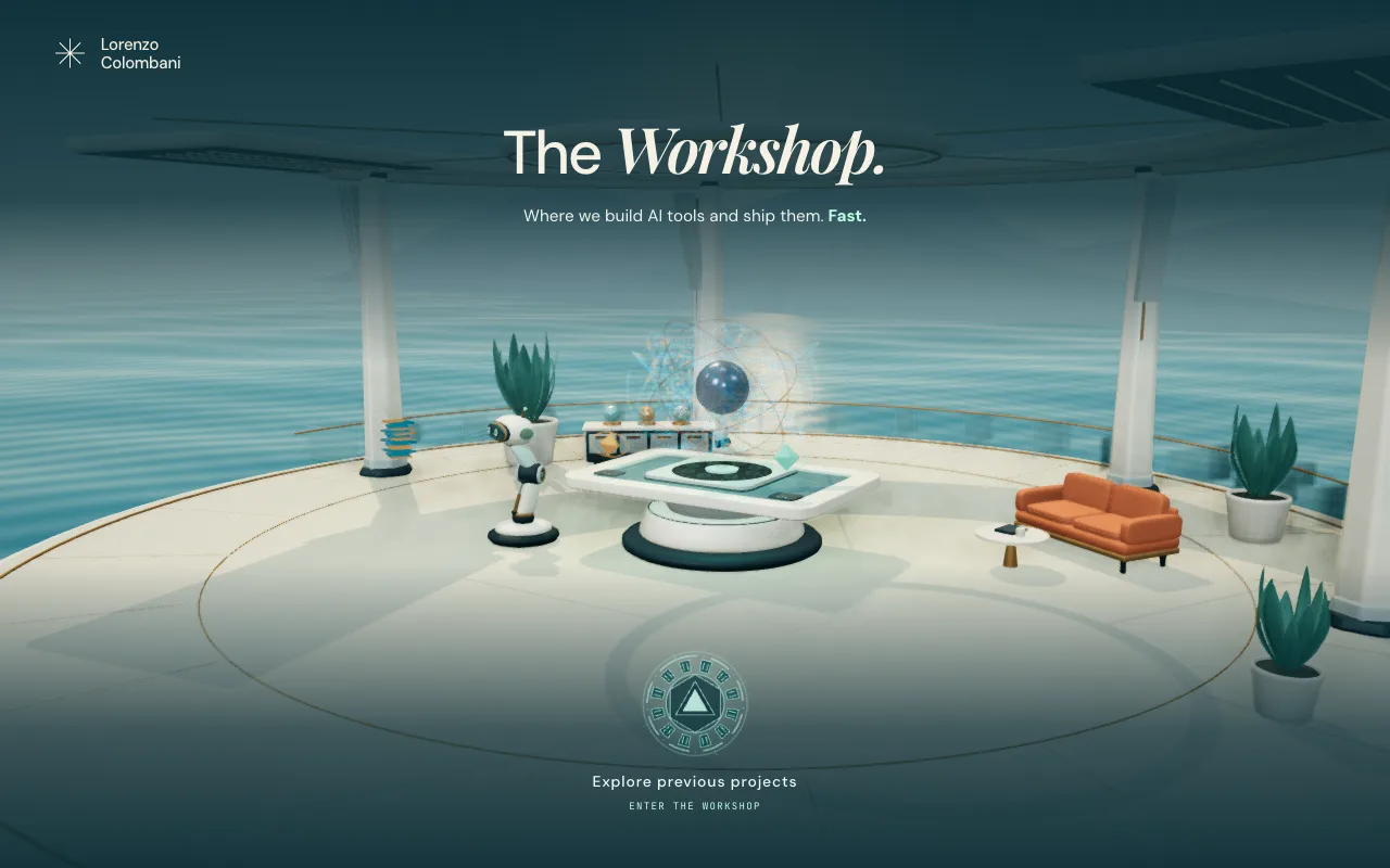 The Workshop — the entrance: an ivory pavilion over the ocean, a droid beside an optical table