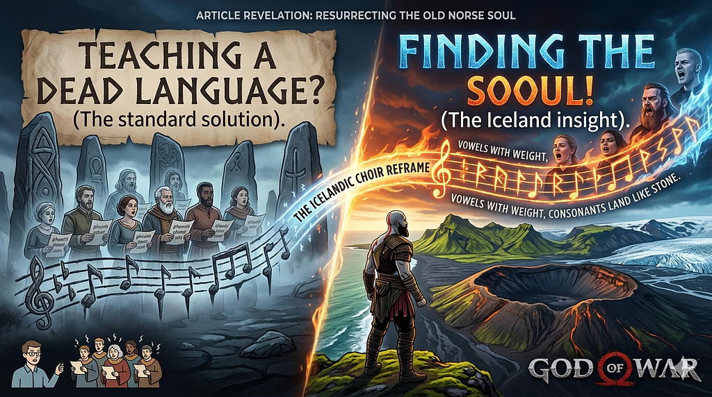 Split-screen illustration comparing “Teaching a dead language?” in a grey, stone-chapel choir class with sheet music, and “Finding the sooul!” in a vibrant Icelandic landscape where Kratos from God of War faces volcanoes, cliffs, and glowing Icelandic choir runes flowing through the sky.