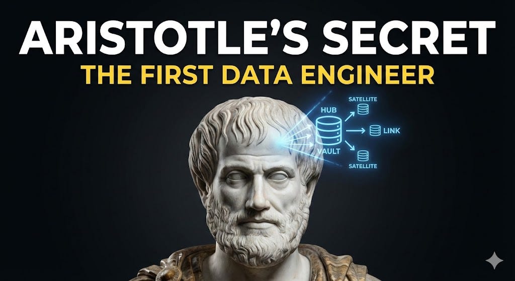 Bust of Aristotle with the title “Aristotle’s Secret: The First Data Engineer” and a glowing tech diagram overlay near his head.