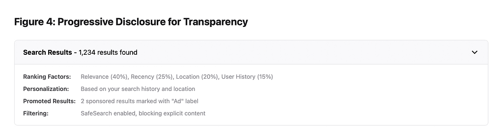 A search results panel displays ranking factors, personalization based on user data, promoted results labeled as ads, and filtering settings like SafeSearch, showing how transparency is progressively disclosed.