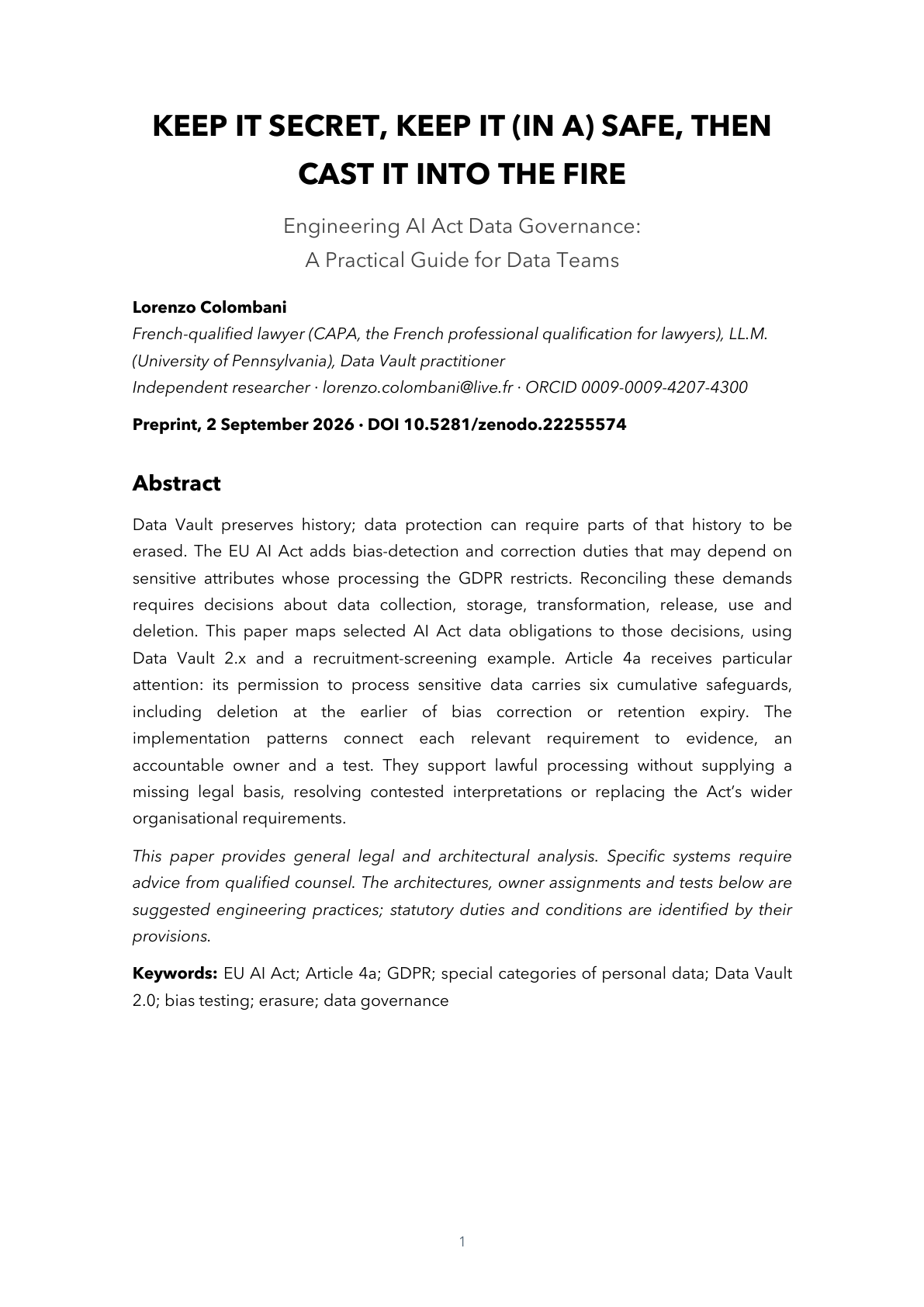 Page 1 of 24 — Keep It Secret, Keep It (in a) Safe, Then Cast It into the Fire: Engineering AI Act Data Governance — A Practical Guide for Data Teams